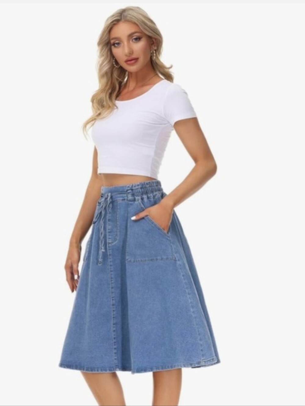 Kancy Kole Denim Elastic Waist Tie Knee A Line Skirt Euc
